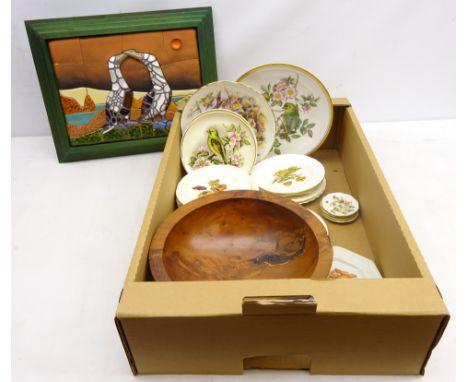 Fabian Alvarez framed mural, turned walnut fruit bowl, D27cm, Royal Albert & Spode 'Garden Birds' and other similar plates   