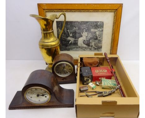 Two early 20th century oak mantle clocks, Conway box camera, vintage 'Nymph' ladies razor & 'A Clipper of Quality', vintage o