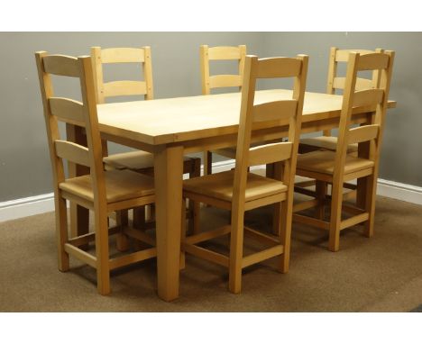 Solid beech rectangular dining table (184cm x 92cm, H77cm), and six ladder back chairs   Condition Report   Click here for fu