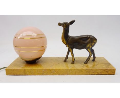 French Art Deco lamp, decorated with a spelter model of a deer, globular glass shade on rectangular marble base, L30cm    Con