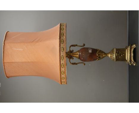 Large gilt metal table lamp, 19th century style, of urn form with simulated polished stone body, scrolled arms on square base