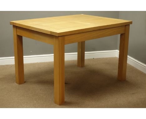 Light oak rectangular dining table with foldout leaf, H79cm, 91cm x 120cm - 160cm   Condition Report   Click here for further