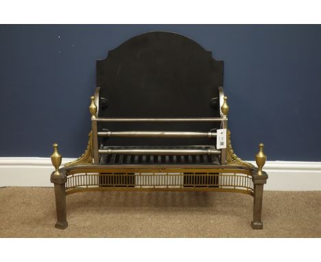 Neo Classical style cast iron and brass fire grate, pierced frieze and turned finials, W75cm, H64cm   Condition Report   Clic