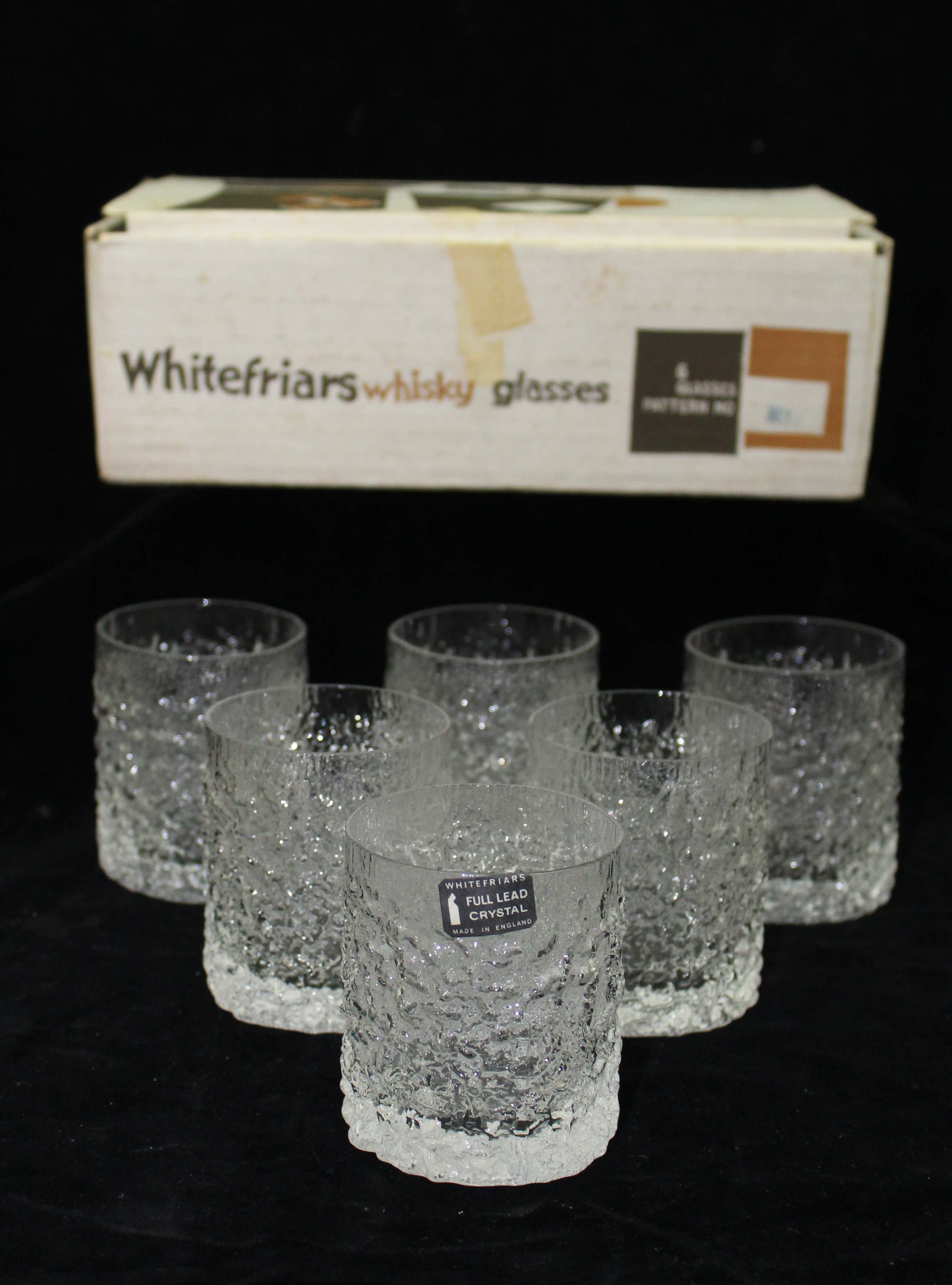 Whitefriars Six glacier whisky glasses, original paper label and box