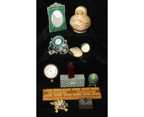 A modern jewelled egg trinket box; a modern chinese seal, boxed; a jewelled tortoise form box; a bronzed metal stamp box with