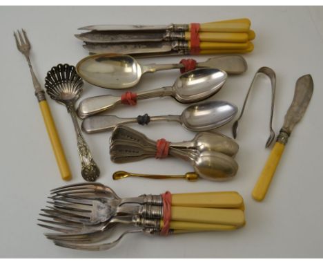 A selection of plated flatware, includes eight place fish knives &amp; forks, eleven teaspoons, etc.