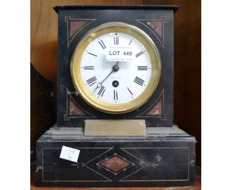 A black slate mantle clock with prize plaque 1878