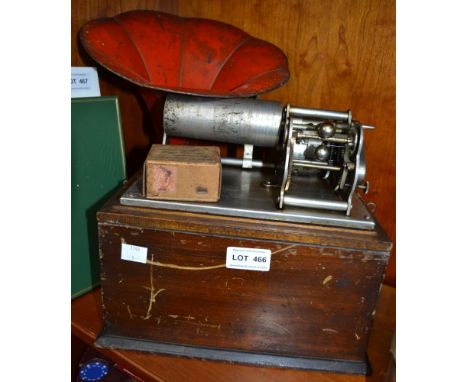 Antique wooden cased cylinder phonograph with horn and needle holder