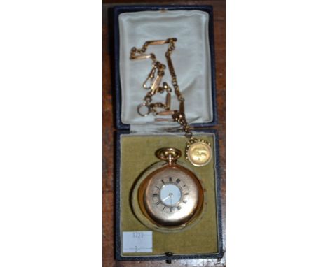 9ct gold hunter pocket watch with chain 116gms having a half sovereign fob 1915