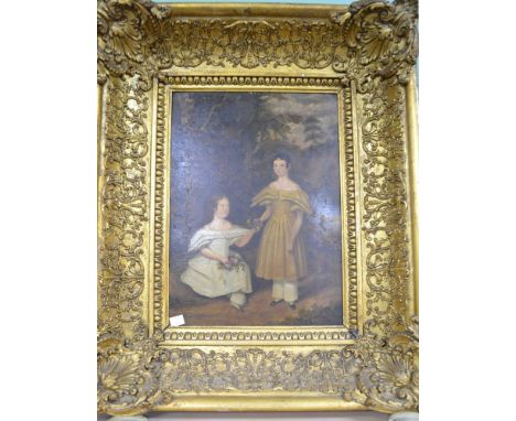19th century British School, portrait of children in a parkland scape, gathering flowers, oil painting on board, 39cm x 28cm,
