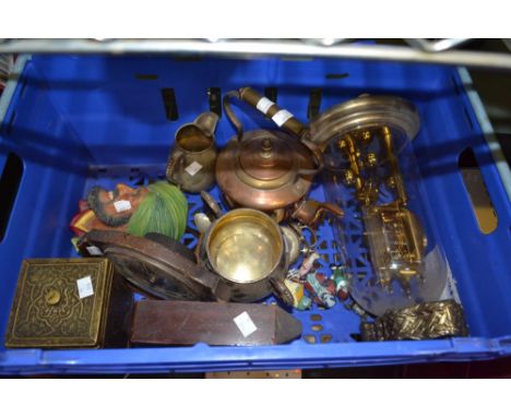 A crate containing clocks copper kettle brass tea caddy etc