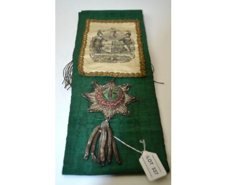 A green silk Ancient order of Foresters sash, with image and emblem&nbsp;