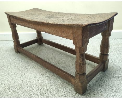 Robert "Mouseman" Thompson long oak stool with dished solid seat burr top on faceted turned supports with understretchers, 35