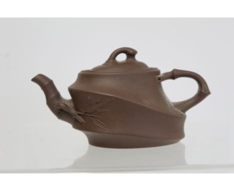 Chinese Yixing pottery teapot of ovoid form, the main body moulded as bamboo cane with similar spout and handle, impressed Xh