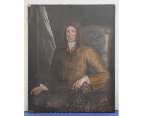 19th Century British School. Three quarter length portrait of a seated aristocratic Georgian gentleman. Oil on canvas, reline