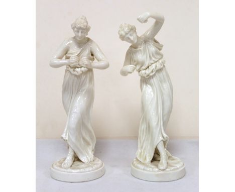 Two Royal Worcester white porcelain figures of classical Greek female musicians modelled by James Hadley, one a/f, 21cm high 