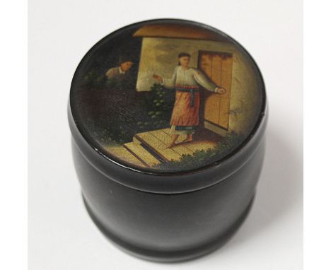 19th century Russian black lacquer papier mache tea or tobacco caddy, by Vishniakov, of cylindrical form, the circular cover 