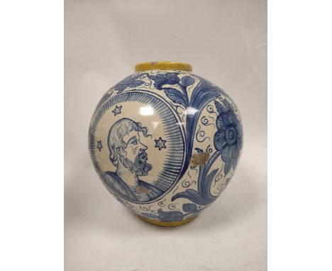 Antique Italian Maiolica blue and white large tin glaze pottery jar of globular form with circular portrait panel of a bearde