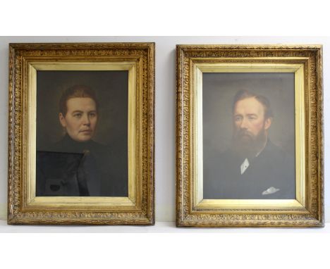 Pair of overpainted portrait photographs of a Victorian lady and gentleman, in foliate moulded gilt frames with gilt slips, e