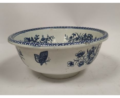 Worcester blue and white circular basin, decorated with floral sprays, crescent mark, c1780, 29cm.Condition:Generally good co
