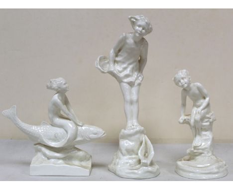 Royal Worcester white porcelain figure "Sea Breeze" RW3008 22cm high, "The Mermaid", No. 3161, 13.5cm high, and another of a 