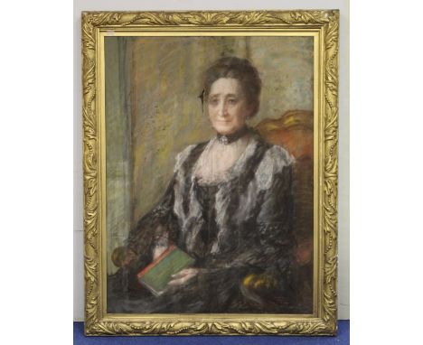 Edwardian School. Three quarter length portrait of a seated lady in mourning dress. Chalk pastels. 100cm x 75cm. Indistinctly
