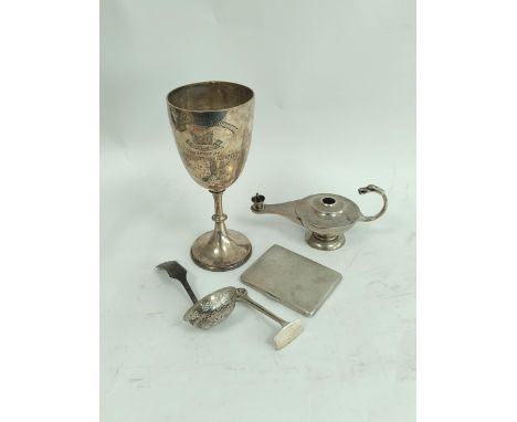 Silver cup, 1908, a Roman lamp lighter, 1904, a Dutch sifter spoon, a cigarette case and a child's pusher, 574g. 