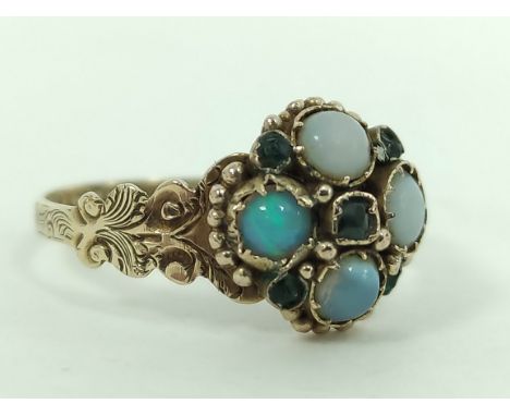 Victorian gold gem ring, with opals and emeralds, in 9ct gold, Birmingham 1871, size 'O'.