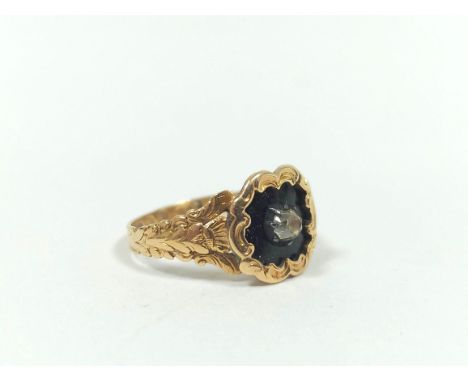 Victorian 18ct gold mourning ring with diamond brilliant collet on black enamel with scroll border inscribed for Thomas Sherl