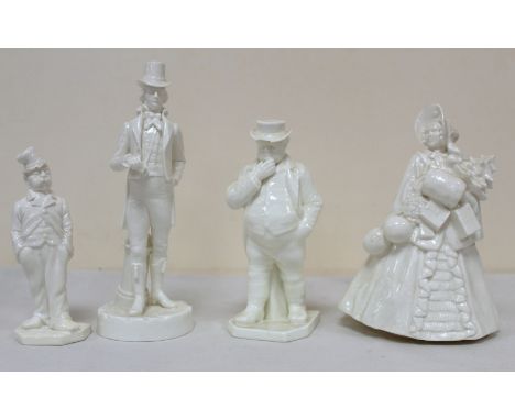 Royal Worcester white porcelain figure, "John Bull", no. 851 (A/F), 17cm high, and three other Dickensian style figures, 15cm