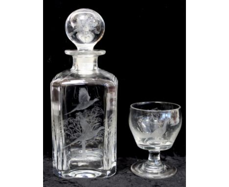 19th century glass rummer, the ogee bowl engraved with a peacock and monogram on short concave stem and circular foot with po