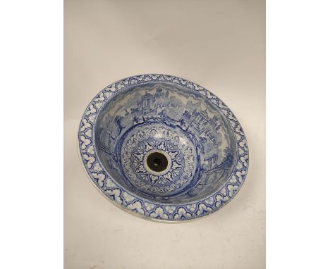 Victorian 'Panorama' blue and white wash basin with classical landscapes, c1880, 32cm.Condition:Porous crazing with some disc