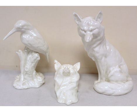 Royal Worcester white porcelain figure of a Kingfisher, no. 2666,&nbsp; 15.5cm high, a figure of a seated fox, no. 2993, and 