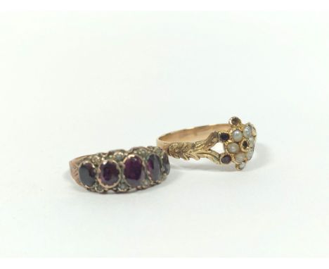 Garnet five stone ring and another with pearls, in gold (2) 