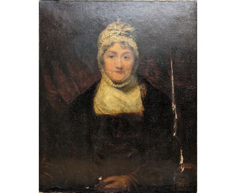 19th Century School. Portrait of a lady wearing lace bonnet. Oil on canvas. 76cm x 63cm.Conditon:Please see images for condit