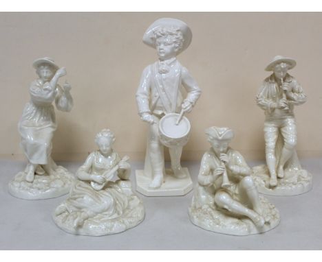 Royal Worcester white porcelain figure of a boy with a drum, 20cm high and two other pairs of figures of musicians, 16cm and 