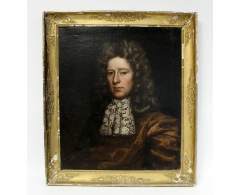 Manner of John Riley. Portrait of a late 17th century aristocratic gentleman with wig and lace jabot, bust length. Oil on can