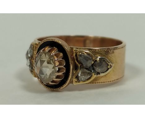 Russian 19th century gold band ring with rose diamonds, probably '56', 6.8g, size 'P'.Condition:Diamond spreads, about 1/2ct,