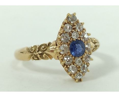 Victorian marquise cluster ring, with sapphire surrounded by pavé old cut diamond brilliants, 18ct gold, Birmingham 1894, siz