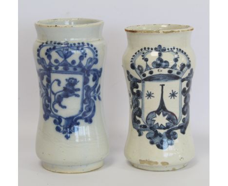 Continental maiolica tin glazed earthenware albarello of typical waisted cylindrical form with blue shield depicting a pharma
