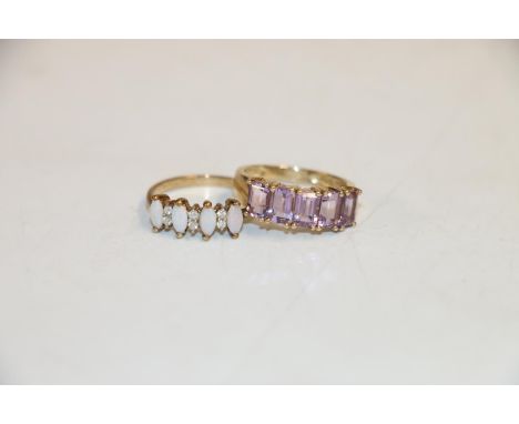 9k gold ring with 5 baguette cut amethysts, size P and another 9k ring with 4 opals separated by clear stones, size P, 4.9g g