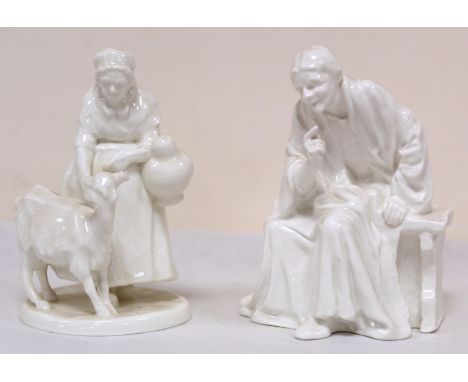 Royal Worcester white porcelain figure 'The Old Goat Woman' no. 2886, modelled by Phoebe Stabler and another of a seated old 