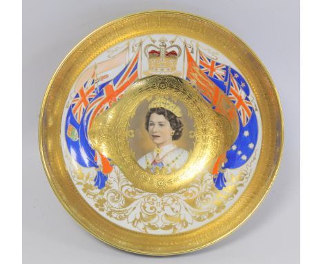 Aynsley Queen Elizabeth II 1953 Coronation pedestal bowl with central portrait panel flanked by royal standards and gilt bord