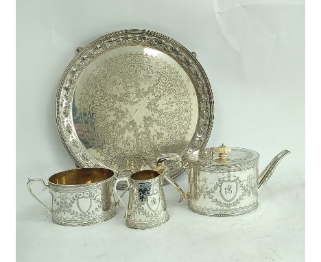 Victorian e.p. engraved three-piece tea set of late 18th century style with straight sides, with matching circular tray, 36cm