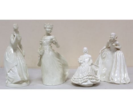 Four Royal Worcester white porcelain figures of ladies, 2x 17.5cm high, the others 15cm and 11cm. (4) 