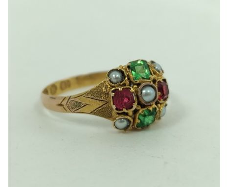 Victorian gold ring with pearls and other gems, in 12ct gold, Birmingham 1870, size 'L'.