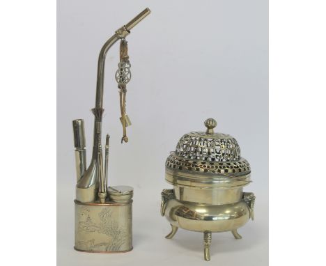 Chinese paktong water pipe with engraved landscape panel and calligraphic inscription, 28cm high; also a censer of squat balu
