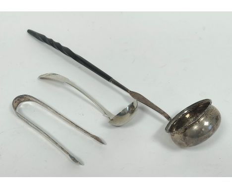 Georgian silver toddy ladle with inset coin 1758, a Scottish ladle and a sugar tongs, c1790, possibly Banff. 