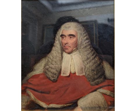19th Century School. Portrait of a judge, red coat, white cravat and full wig. Oil.&nbsp; 24cm x 20cm.