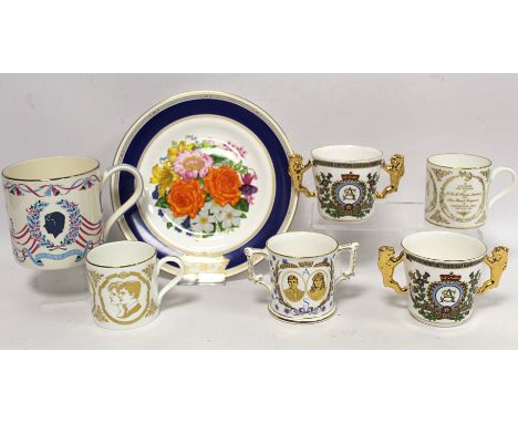 Seven items of commemorative ware for the Royal Wedding of Prince Andrew and Sarah Ferguson, 1986, comprising: two Paragon bo